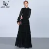 LD Linda Della Fashion Runway Maxi Dressle's Long Sleeve Lace Patchwork Ruffles Vintage Black Elegant Party 220310