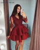 Tiered Ruffles Burgundy Satin Short Prom Dresses Modest Sheer Long Sleeves Formal Party Gowns Appliques Lace 8th Grade Home 201114