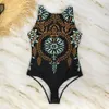 Baskı Tek Parça Mayo 2019 Yeni Halter Push Up Mayo Kadınlar Vintage Retro Banyo Takım Elbise Plaj Kesim Backless Monokini XXL T200708