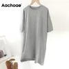 Aachoae Frauen Casual Lose Solide Baumwolle T-shirt Kleid O Neck Oversize Mini Kleid Batwing Kurzarm Grund Kleider Vestidos h1210