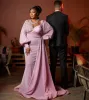 Aftonklänningar rosa långa ärmar sjöjungfru juvelhals glittrande pärlspets applikation skräddarsydd tulle överskirt prom party klänning vestidos 2022 designer