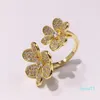 Mode Copper Plated Glossy Clover Open Double Flower Ring Women Rose Guld Rostfritt stålringar för festsmycken för kvinnor286d