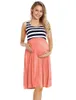 Women Striped Sleeveless Patchwork Maternity Dress Pregnant Tank Tops Knee Length Pregnancy High Waist Fitted Casual Dress G220309
