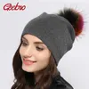 Geebro女性のカシミヤ・ビーニー帽子冬のニットウールのビーニーのための女性のための毛皮の毛皮の帽子レディース本物の毛皮のポン帽子211229