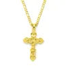 Pendentif croix pour hommes et femmes, jaune 22 carats, finition en or fin massif, Jésus Crucifix, large chaîne à maillons Figaro italien, 24 pouces, 3mm