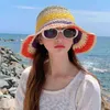 Regnbåge halm hatt för kvinnor sommar sol visor handgjorda virka stora brima bucket hattar damer strand sol hatt boho tjej mode kepsar g220301
