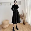 QWEEK MIDI Corduroy Sukienka Kobiety Eleganckie Panie Biurowe XXL Plus Size Sukienki dla kobiet Jesień Francuski Vintage Długie Rękaw Sukienka Y0118