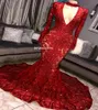 Glitter Red Lantejoula sereia vestidos de baile 2022 para meninas negras v pescoço de manga comprida plus size vestido de noite africano nigeriano festa formal vestidos reais imagem robes de soirée