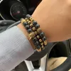 Charm Armband 3pcs / set Luxury Natural Stone Pärlor Crown CZ Ball Flätad Flätande Män Bangles för Smycken