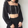 Itoolin Y2k Gothic Rits Crop Top Vrouwen Sexy Off Schouder Straat T-shirts Clubwear Lange Mouw Tees Donker Zwart Vintage Kleding 220226