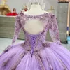 2021 lavande manches longues robes de Quinceanera dentelle florale perlée cristal col en V trou de serrure dos à lacets robe de bal bal doux 16 robe plus