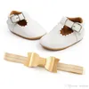Första Walkers Baby Girls Skor Bows Headbands 2pcs Sets Infant Princess Toddler Moccasins Soft Walking Footwear 0-1t B4112