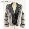 ZADORIN Top Fashion Luxury FAUX Fur Coat Moto PU Leather Turn Down Collar Warm Faux Fur Jacket Women 2020 Winter New LJ201021