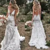 Vintage Mermaid Spagetti Gelinlik 2022 V Yaka Backless Dantel Aplikler 3D Çiçekler Seksi Zarif Gelin Abiye ile Tren Custom Made Boho Gelin Elbiseler