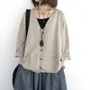 Johnature Women Cardigan Sweaters Solid Color Loose V-Neck långärmad rockar Autumn Button Pockets kvinnliga tröjor 201221