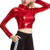 Women Liquid Metallic Long Sleeve Crop Top Punk Turtleneck Holographic T Shirt Cropped Tops For Rave Club Dance Mock Neck Shirt G220228