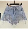 2019 verão moda larga perna feminina rhinestone franjas furo buraco jeans shorts feminino cintura alta denim shorts11