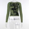 Letnia koszulka T -Sleeve Green Kobiety Drukuj Sexy Basic 90s Casual Crop Tops Vintage Fashion 220226