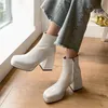 Meotina Kobiety Krótkie Buty Buty Prawdziwe Skórzane Platformy Super Heel Heel Botki Buty Square Toe Grube Obcasy Zip Lady White 40