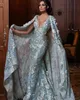 Blumenapplikationen d Meerjungfrau Abendkleider mit abnehmbarem Umhang sexy Deep V Hals ärmelloses Sweep -Zug Custom Made Prom Party Kleid