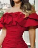 Mini abito da sera rosso a maniche corte da donna Solido con spalle scoperte Increspato a strati Ruffles Vestito aderente Vestidos De Verano T200320