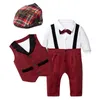 Set di abbigliamento Set di vestiti per pagliaccetto per neonato con cappello a fiocco Abito estivo a righe da gentiluomo Tuta da bambino per neonato