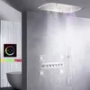 Gebürstetes Badezimmer-Regenduschen-Wasserhahn-Set, 71 x 43 cm, Deckenmontierter Kopf, LED-Panel, Thermostat-Bademischer, Körpermassage-Kombisystem