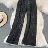 New women's high elastic waist shinny bling paillette sequined wide leg loose long pants trousers solid color