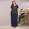 Sisakia Plus Taille Robe longue perlée brodée Bleu foncé Vintage Casual Maxi Robes Été 2020 Lâche Col en V Manches courtes Nouveau LJ200818