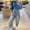 Yingyuanfang Fashion New Leoparard Chefon Shiflwing Loose Denim Longsleeved Pale T200319