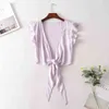 Women Sexy Crop Top Adults Summer Solid Color Ruffle Sleeve V-Neck Tie Up Shirt White Yellow Purple Green Light Blue S M L G220228