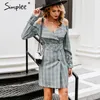 Vneck Plaid Sash Belt Dames Draai Spaghetti Strap Button Office Ladies Dress Autumn Winter Vrouwelijk feestjurk T200106