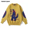 Män hiphop tröja pullover streetwear japansk dinosaurie tryck stickad tröja retro vintage höst hiphop tröjor jumper 201203