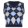 Angleterre Style Argyle Plaid Pull en tricot Gilet Femmes Sans manches V Cou Crop Top Casual Automne Vêtements d'extérieur Y2K Tops Femme 201123
