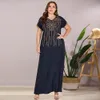 Siskakia Plus Size Geborduurde Beaded Lange Jurk Donkerblauw Vintage Casual Maxi Jurken Zomer 2020 Losse V-hals Korte Mouw Nieuwe LJ200818