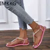 Sandels Summer Women s Flat Bowtie Sandals Sweet Boho Pearl Decoration Leather Flats Beach Pink Holiday Shoes Plus Size 43 220303
