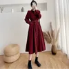 Qweek Midi Corduroy vestido mulheres elegante escritório senhoras xxl plus size vestidos para mulheres outono francês vintage manga comprida vestido y0118