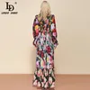 LD Linda della Fashion Runway Herfst Lange Mouwen Maxi Jurk Dames Elastische Taille Floral Print Elegant Party Vakantie Lange Jurk LJ200914