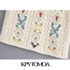 KPYTOMOA Kvinnor Fashion Floral broderi beskuren stickad tröja vintage o hals kort ärm kvinnliga tröjor chic toppar 210203