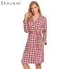 Ekouaer Femmes Coton Vêtements De Nuit Printemps Automne Robe Kimono Peignoir Plaid Imprimer À Manches Longues Robe De Chambre Femme Loungewear LJ200822