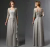 Yeni Gümüş 2021 Anne The Of Gelin Modelleri A-line 3/4 Kollu Şifon Dantel Plus Size Uzun Şık Damat Anne Elbise Düğün