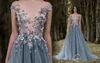 Amazing 3D Flower Applique Evening Dresses Sheer Neck Cap Sleeve Gray A Line Prom Dresses Sequins Beaded Tulle Floor Length Formal279s