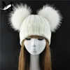 Winter Real Fur Ball Beanie Hat for Women Ladies y Double Natural Raccoon Pom Skullies With 2 Pompom 2112295093192