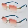 Nouveaux lunettes de soleil sans monture avec diamants micro-pavés Blue Wood Metal Luxury Lunettes de soleil rondes surdimensionnées Cadre masculin et féminin Or 18 carats Lentille UV400 Taille des lunettes: 60