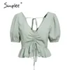 Simple Sexy Sexy Beach Chiffon Colheita Tops Mulheres Blusa Camisas Lace Up Ruffles Buffles Blusas Feminino Puff Casual Blusas Mujer LJ200811