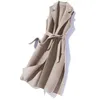 Koreansk Bled Wool Slim Vest Kvinnor Elegant Fast Färg Ärmlös Jacka Casula Lace-Up Open Stitch Waistcoat Vintage Long Outwear 211220
