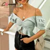 Conmoto Sexy Beach Chiffon Crop Tops Women Blouse Shirts Lace Up Ruffles Puff Blouses Feminino Puff Casual Blusas Mujer LJ200813