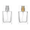 Bouteille de parfum carrée en verre, 30ml, 50ml, transparente, vide, avec bouchon en or et argent, meilleure vente, LX3827