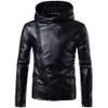 PU Leather Jacket Black Men Leather Jacket Hooded Zipper Men Coat Long Sleeve Turtleneck Faux Leather Jacket 201128