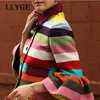 Herbst Regenbogen Streifen Jacke Mantel Frauen Gedruckt Einreiher Flare Hülse Jacken Frauen Winter Mode Elegante Dame Mäntel 201017